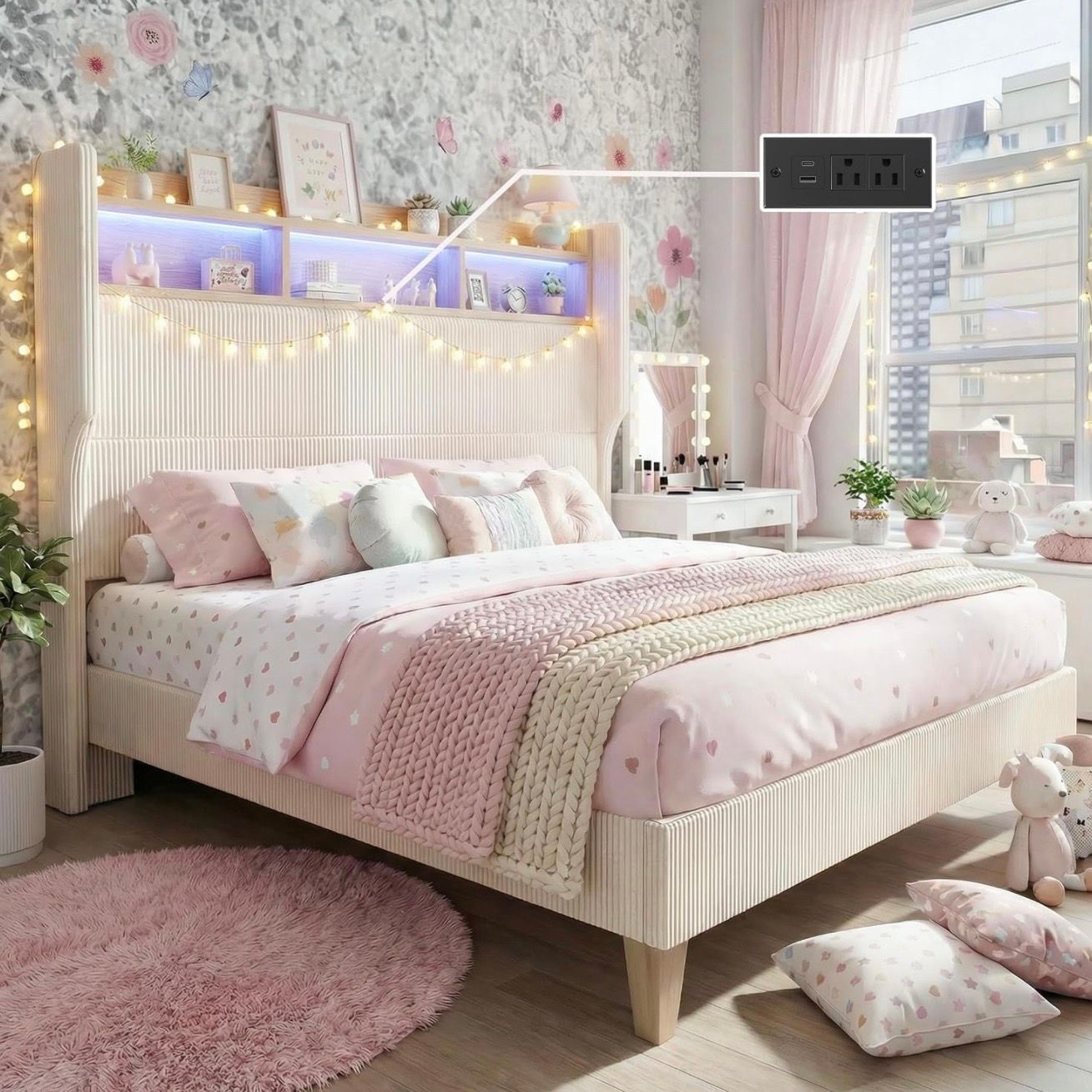 Queen Size Bed Frame with 51" Tall Headboard, LED Lights &amp; Charging Station
