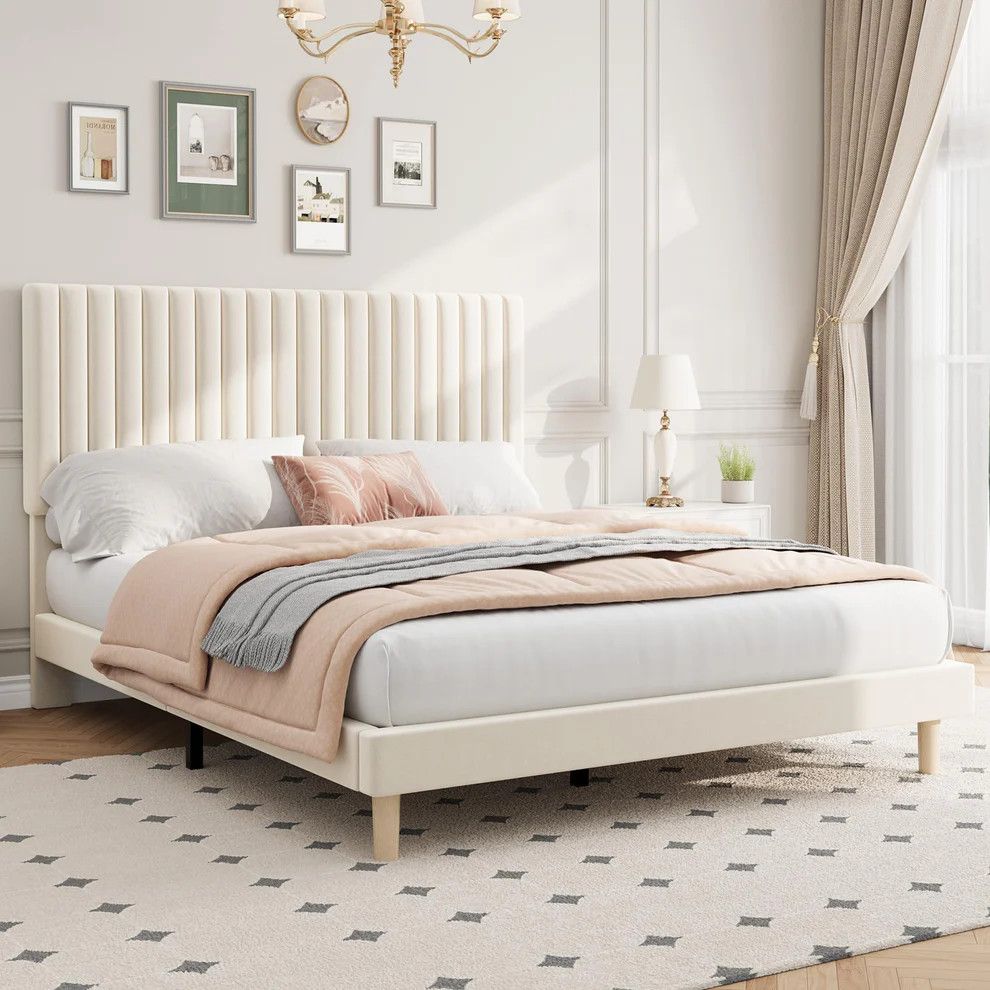 Queen Size Bed Frame, Adjustable Height Headboard