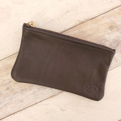 John Pearse Black Leather Zipper Pouch, Medium, 4x6 inches