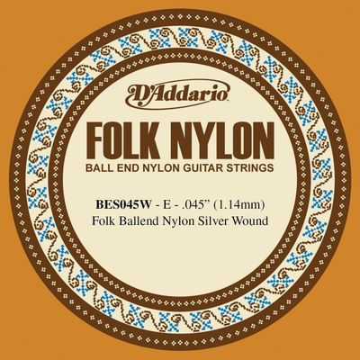 D&#39;Addario BES045W Folk Nylon Guitar Single String Silver Wound Ball End .045
