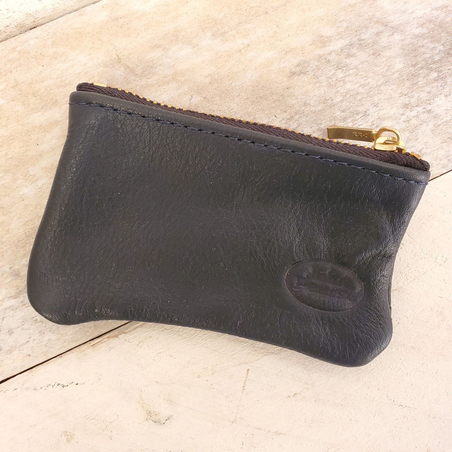 John Pearse Navy Leather Zipper Pouch, Small, 4x2.5 inches