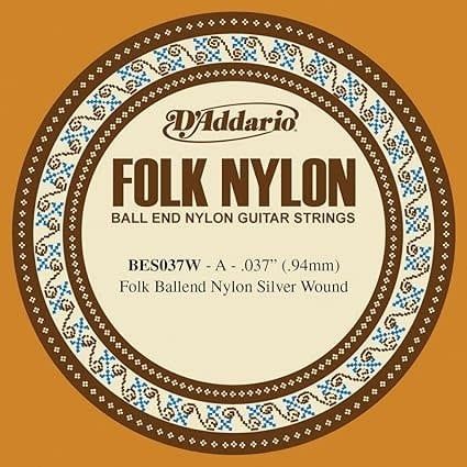 D&#39;Addario BES037W Folk Nylon Guitar Single String Silver Wound Ball End .037