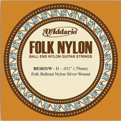 D&#39;Addario BES031W Folk Nylon Guitar Single String Silver Wound Ball End .031