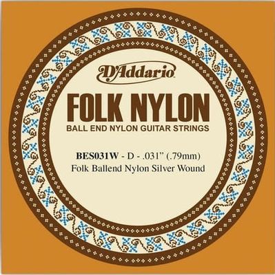 D&#39;Addario BES031W Folk Nylon Guitar Single String Silver Wound Ball End .031