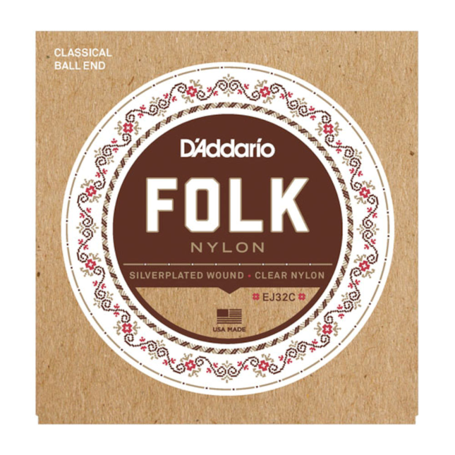 D&#39;Addario EJ32C Folk Nylon Guitar Strings Ball End Silver Wound/Clear Nylon Trebles