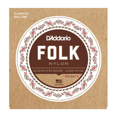 D&#39;Addario EJ32C Folk Nylon Guitar Strings Ball End Silver Wound/Clear Nylon Trebles