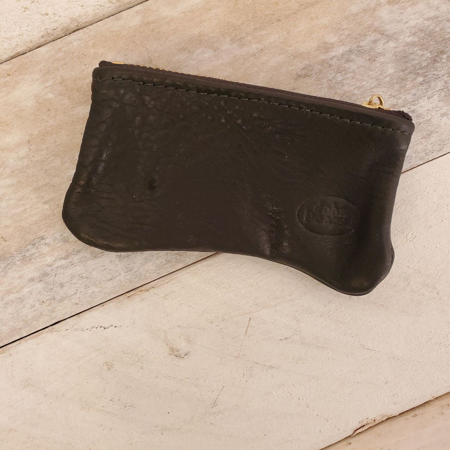 John Pearse Black Leather Zipper Pouch, Small, 4x3 inches