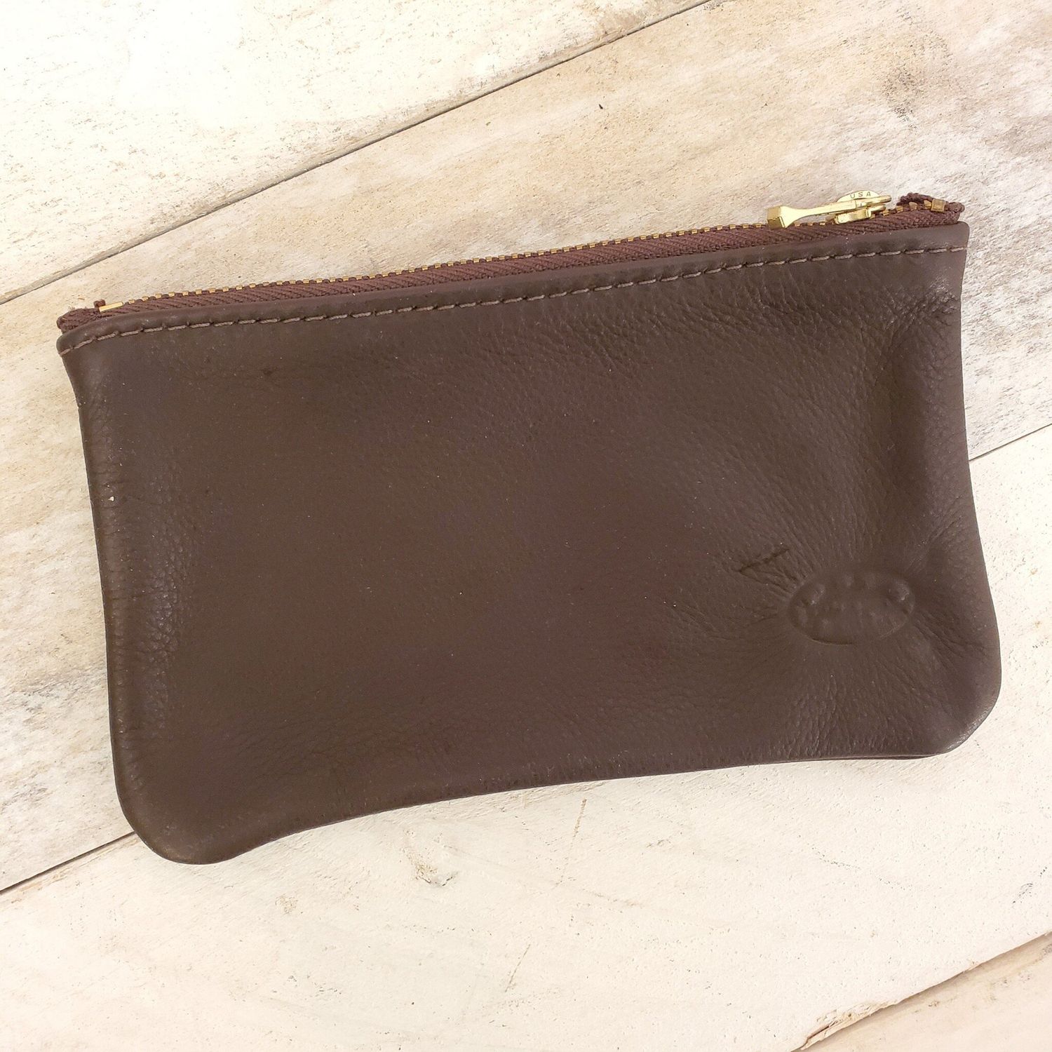 John Pearse Dark Brown Leather Zipper Pouch, Medium, 4x6 inches