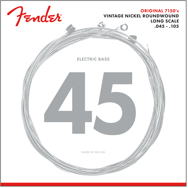 Fender Original 7150 Bass Strings, Pure Nickel, Roundwound, Long Scale, 7150M .045-.105 Gauges, (4)