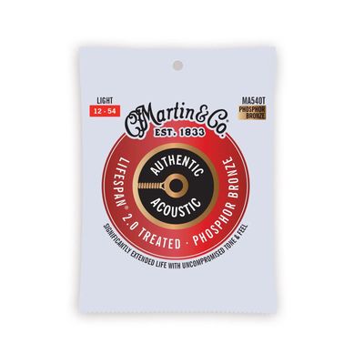 Martin MA540T Authentic Acoustic Lifespan 2.0 Treated 92/8 Phosphor Bronze Guitar Strings - .012-.054 Light Gauge