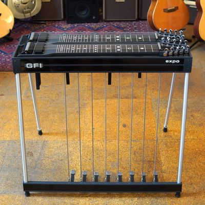 GFI D-10 E Double Neck 10-String &quot;Expo&quot; Model Pedal Steel Guitar, Gray Hammer Tone Frame w/8 Pedals, 4 Knee Levers Black Mica with Fitted Hard Case