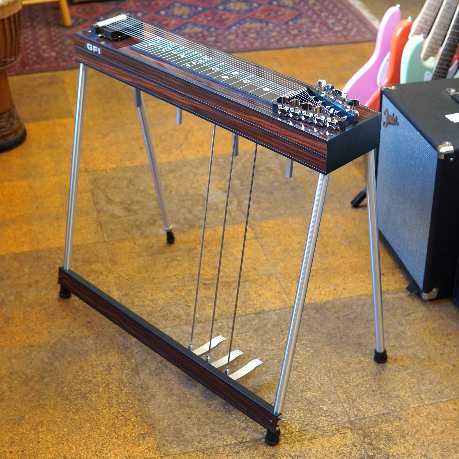 GFI SM 3x4 Single Neck 10-String Student Model Pedal Steel Black Frame with Vintage Wood Laminate, Hard Case