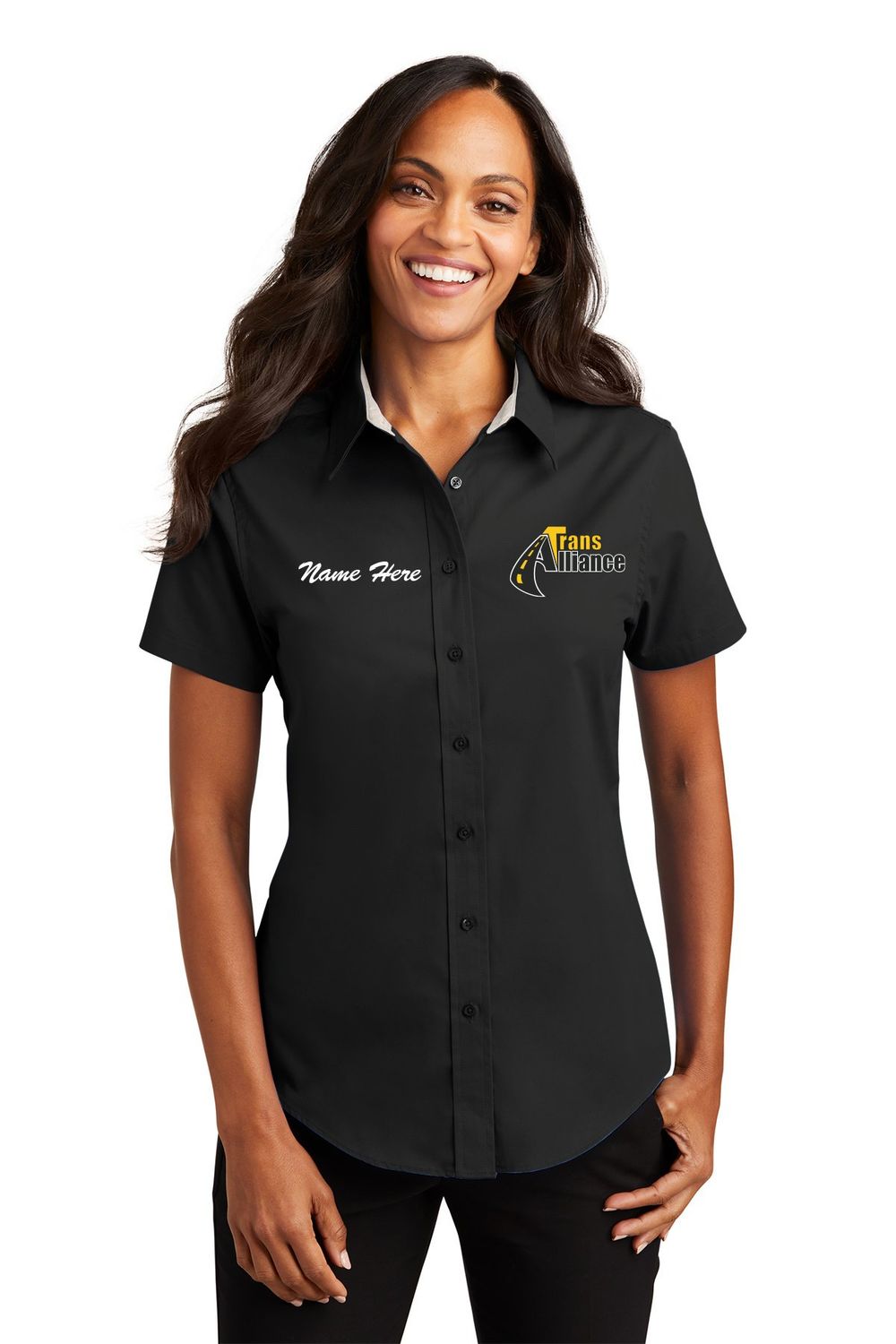 Trans Alliance _LADIES Easy Care Short Sleeve Button Up L508, Select Color: Black, Select Size: Small, Customize Item? (IF NO - Leave text area blank, IF YES- see text area below.): YES