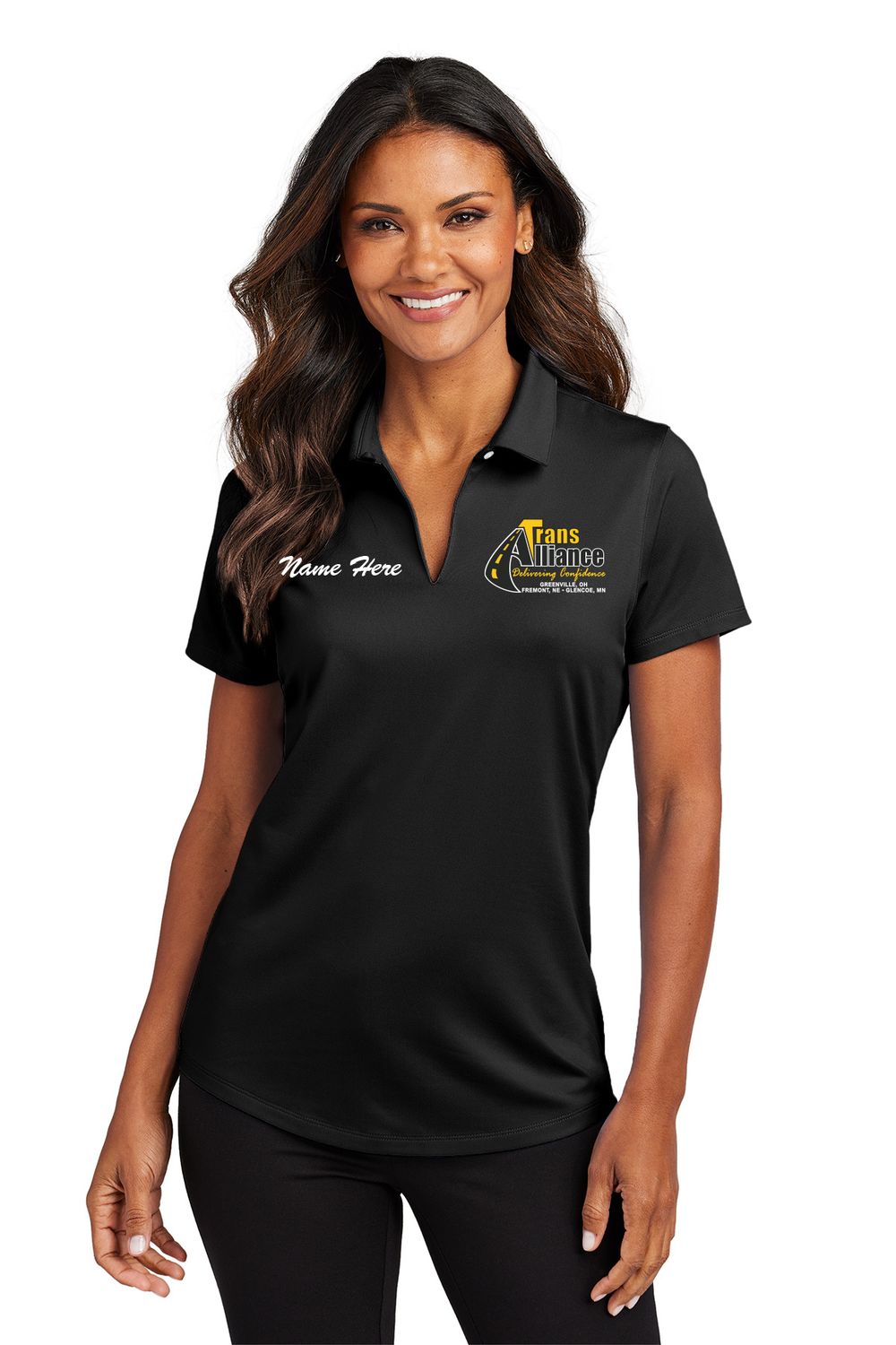 Trans Alliance _LADIES City Stretch Knit Polo LK683, Select Color: Black, Select Size: Small, Customize Item? (IF NO - Leave text area blank, IF YES- see text area below.): YES