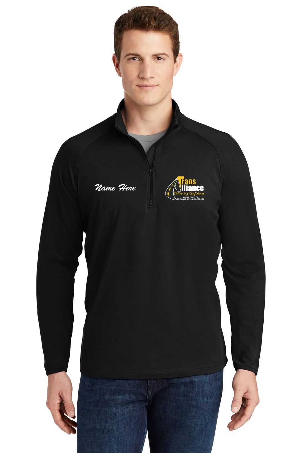 Trans Alliance _Sport Wick Stretch 1/4 Zip ST850, Select Color: Black, Select Size: Small, Customize Item? (IF NO - Leave text area blank, IF YES- see text area below.): YES