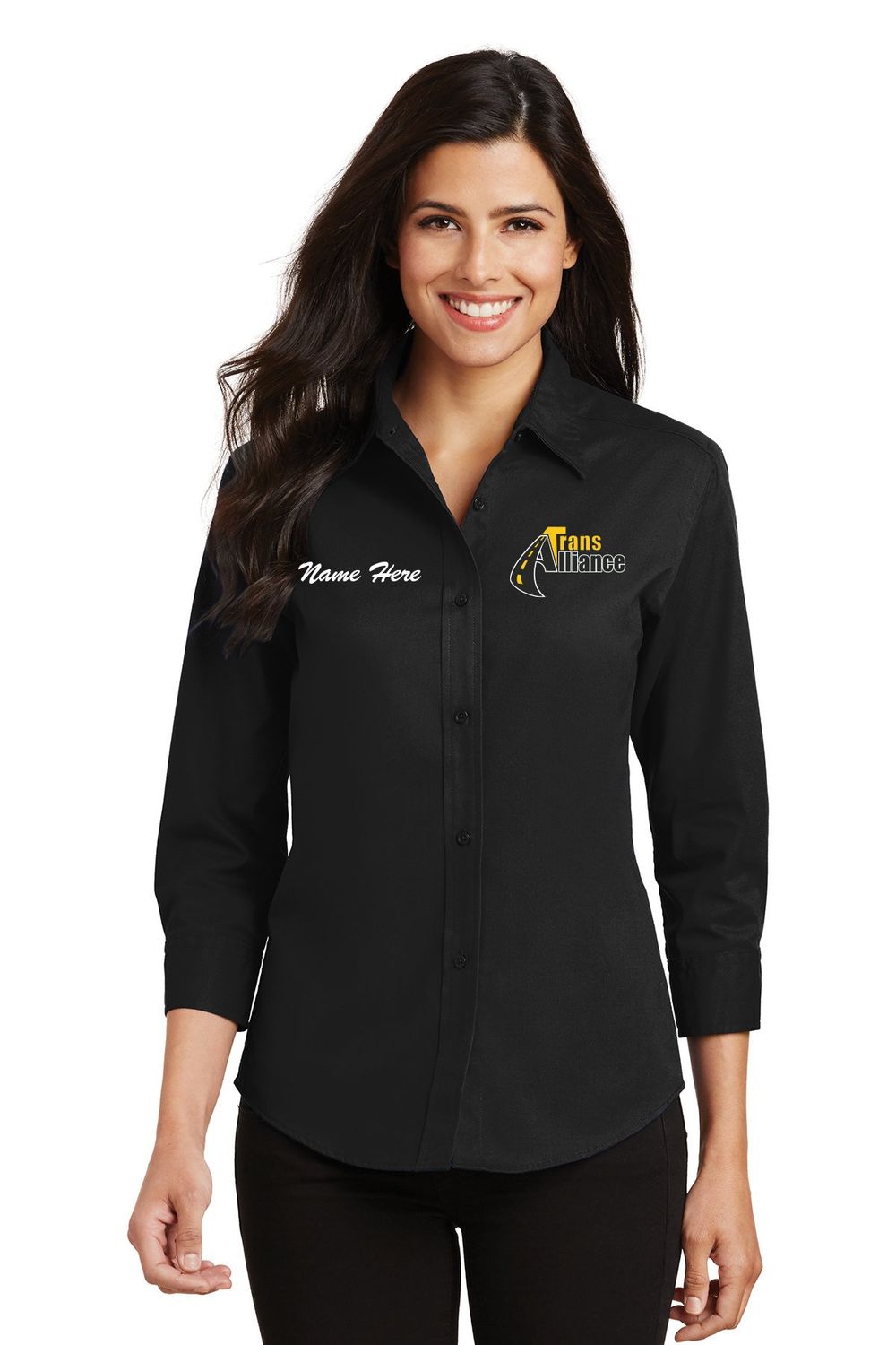 Trans Alliance _LADIES Easy Care 3/4 Sleeve Button Up L612, Select Color: Black, Select Size: Small, Customize Item? (IF NO - Leave text area blank, IF YES- see text area below.): YES