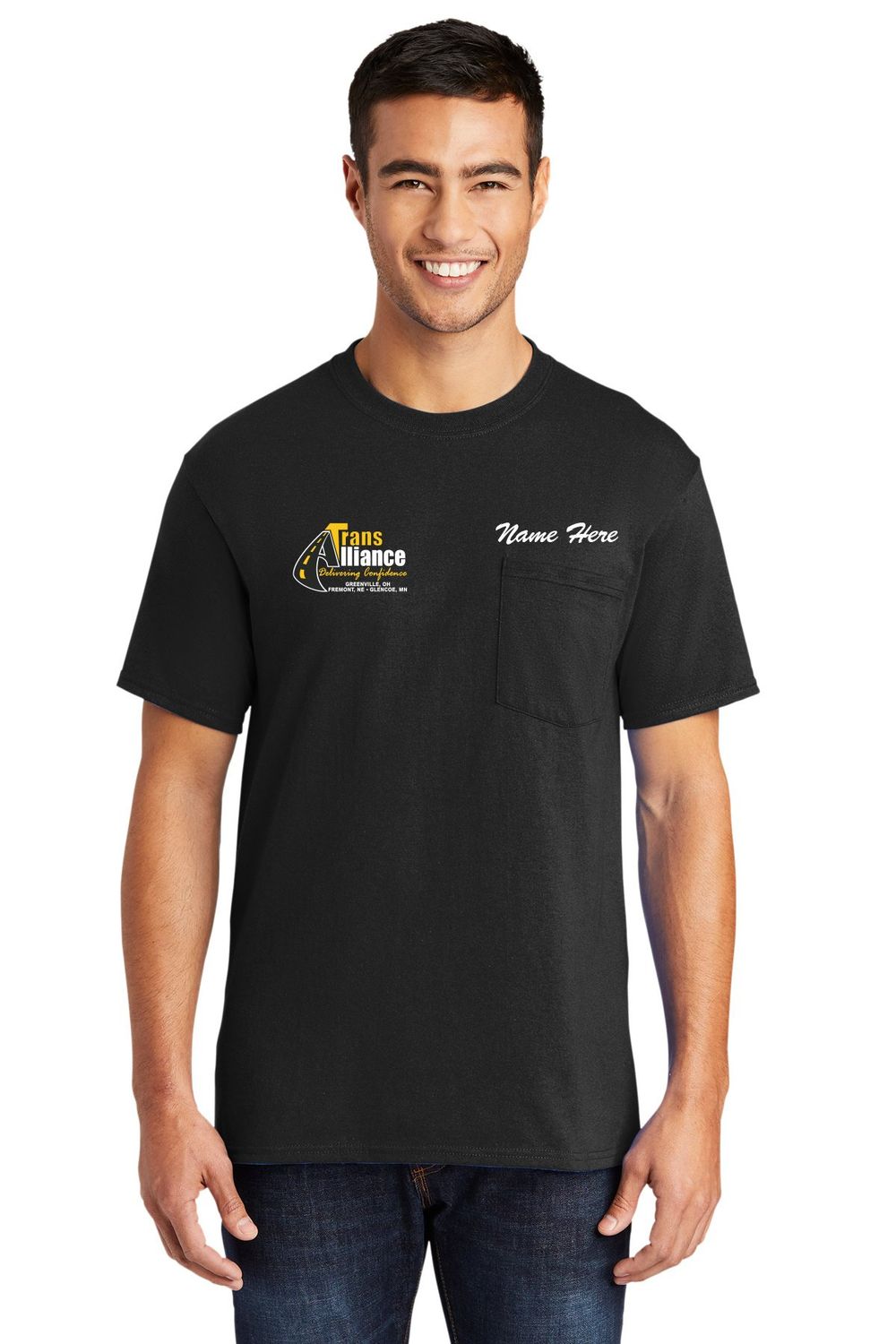 Trans Alliance _Pocket T-shirt PC55P, Select Color: Black, Select Size: Small, Customize Item? (IF NO - Leave text area blank, IF YES- see text area below.): YES