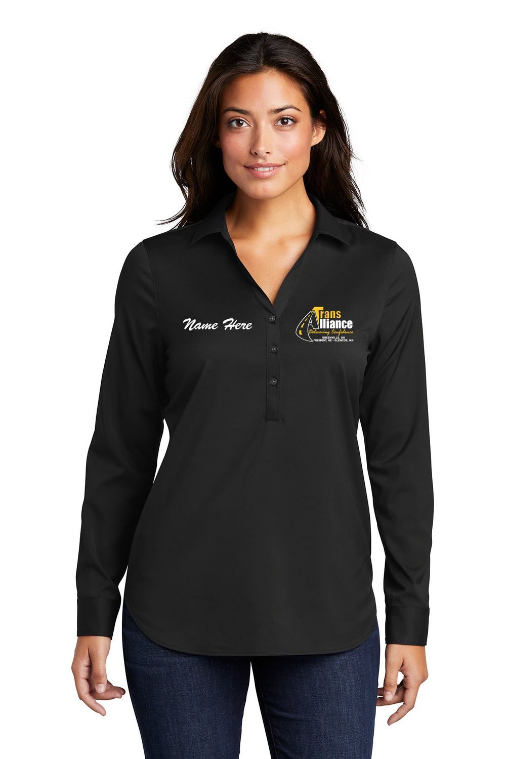 Trans Alliance _LADIES City Stretch Long Sleeve Button Up LW680, Select Color: Black, Select Size: Small, Customize Item? (IF NO - Leave text area blank, IF YES- see text area below.): YES