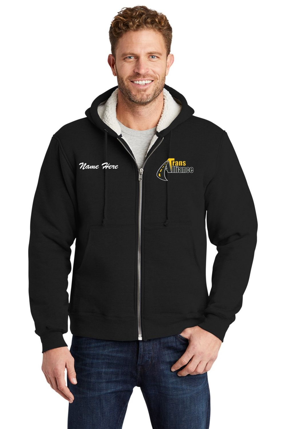 Trans Alliance _Sherpa Lined Full Zip Hooded Sweatshirt CS625, Select Color: Black, Select Size: Small, Customize Item? (IF NO - Leave text area blank, IF YES- see text area below.): YES
