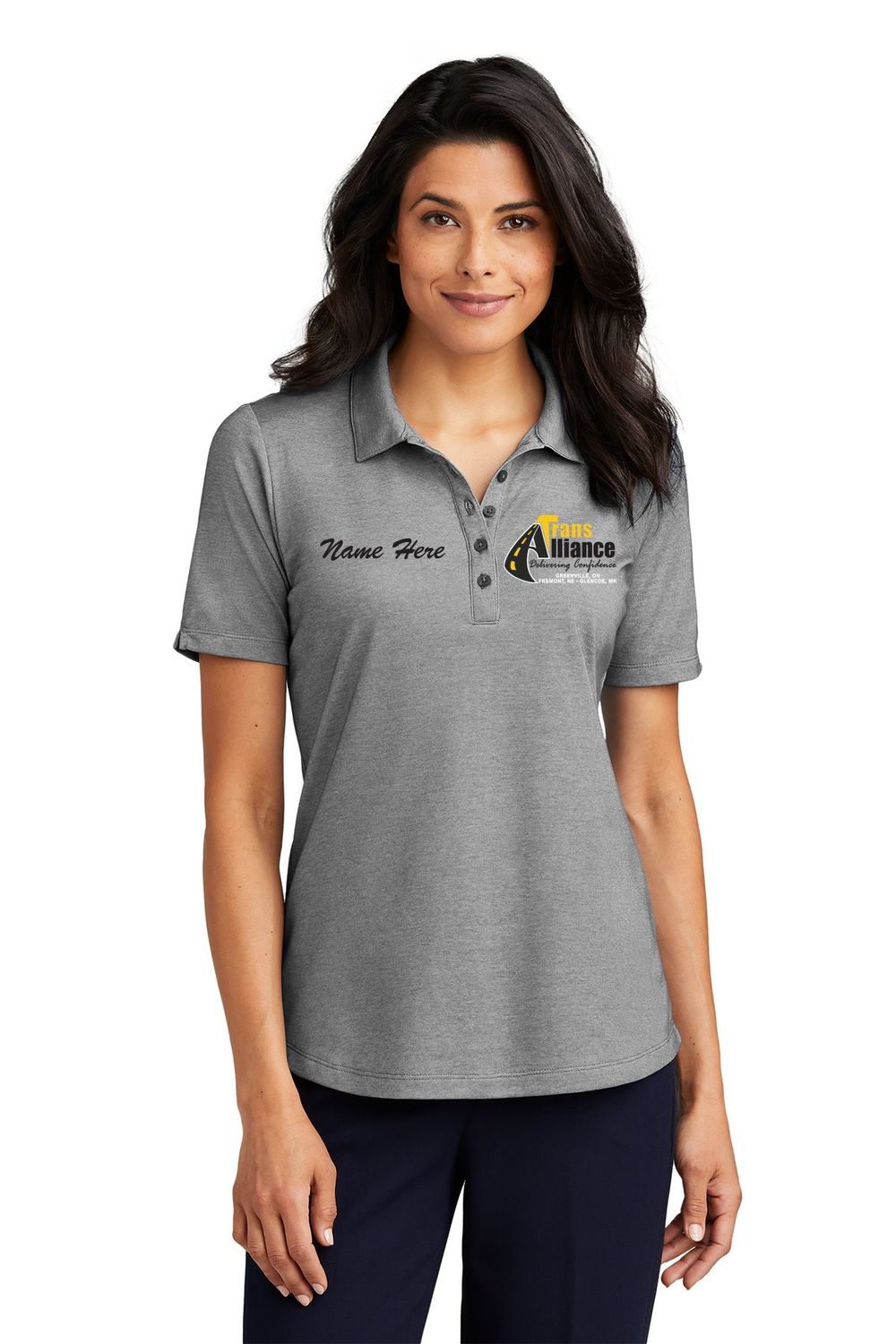 Trans Alliance_LADIES Fine Pique Polo LK830, Select Color: Charcoal Heather, Select Size: Small, Customize Item? (IF NO - Leave text area blank, IF YES- see text area below.): YES