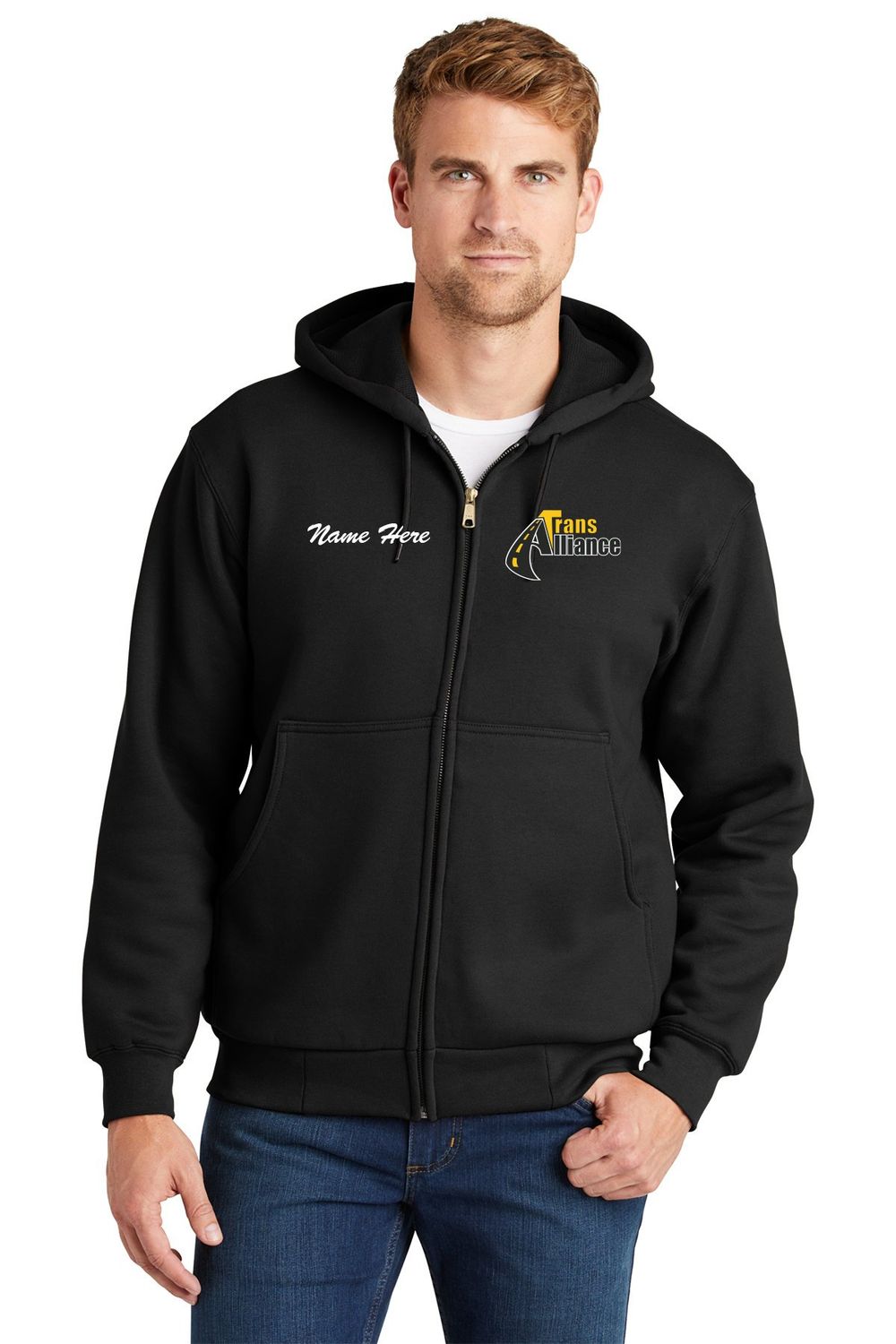 Trans Alliance _Heavyweight Full Zip Hooded Sweatshirt with Thermal Lining CS620, Select Color: Black, Select Size: Small, Customize Item? (IF NO - Leave text area blank, IF YES- see text area below.): YES