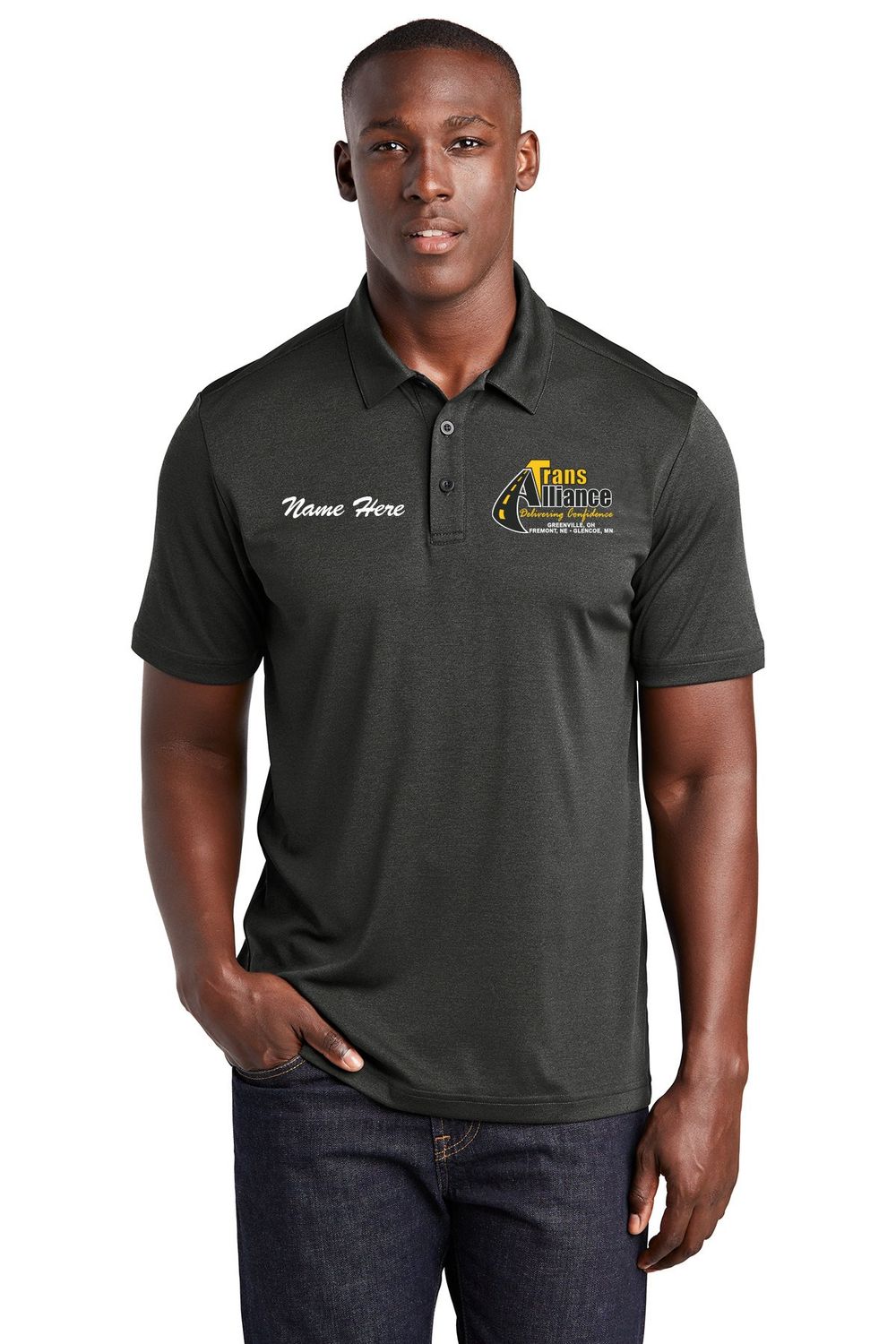 Trans Alliance _Endevor Polo ST467, Select Color: Black Heather, Select Size: Small, Customize Item? (IF NO - Leave text area blank, IF YES- see text area below.): YES