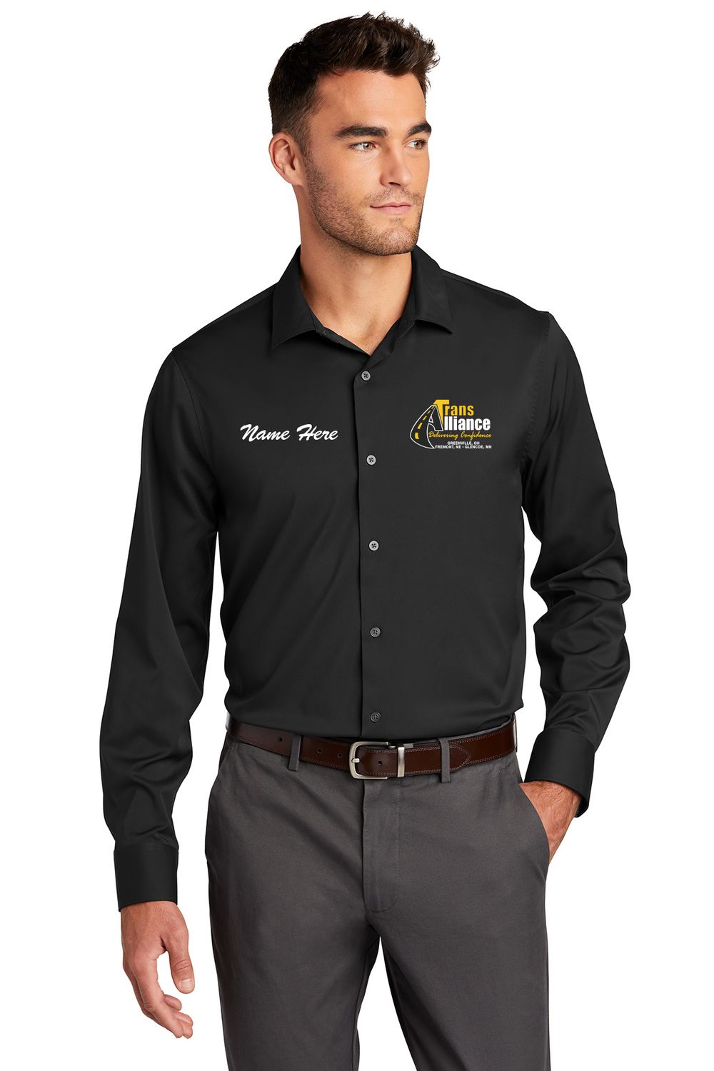 Trans Alliance_City Stretch Long Sleeve Button Up W680, Select Color: Black, Select Size: Small, Customize Item? (IF NO - Leave text area blank, IF YES- see text area below.): YES