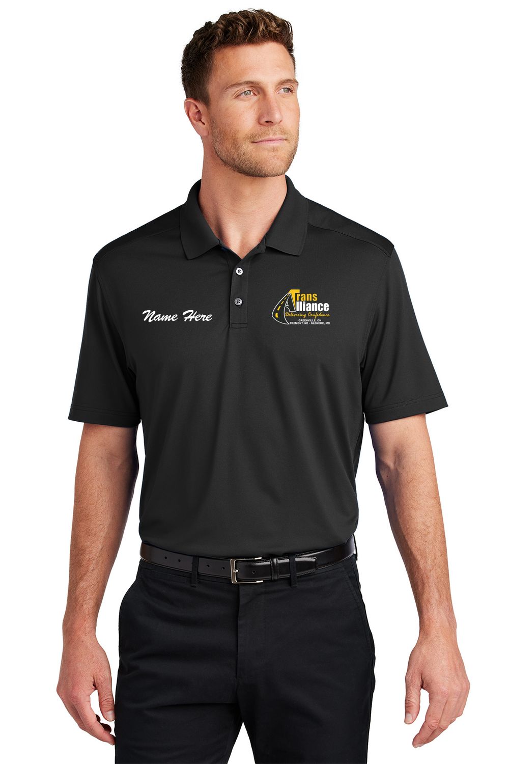 Trans Alliance_City Stretch Knit Polo K683, Select Color: Black, Select Size: Small, Customize Item? (IF NO - Leave text area blank, IF YES- see text area below.): YES