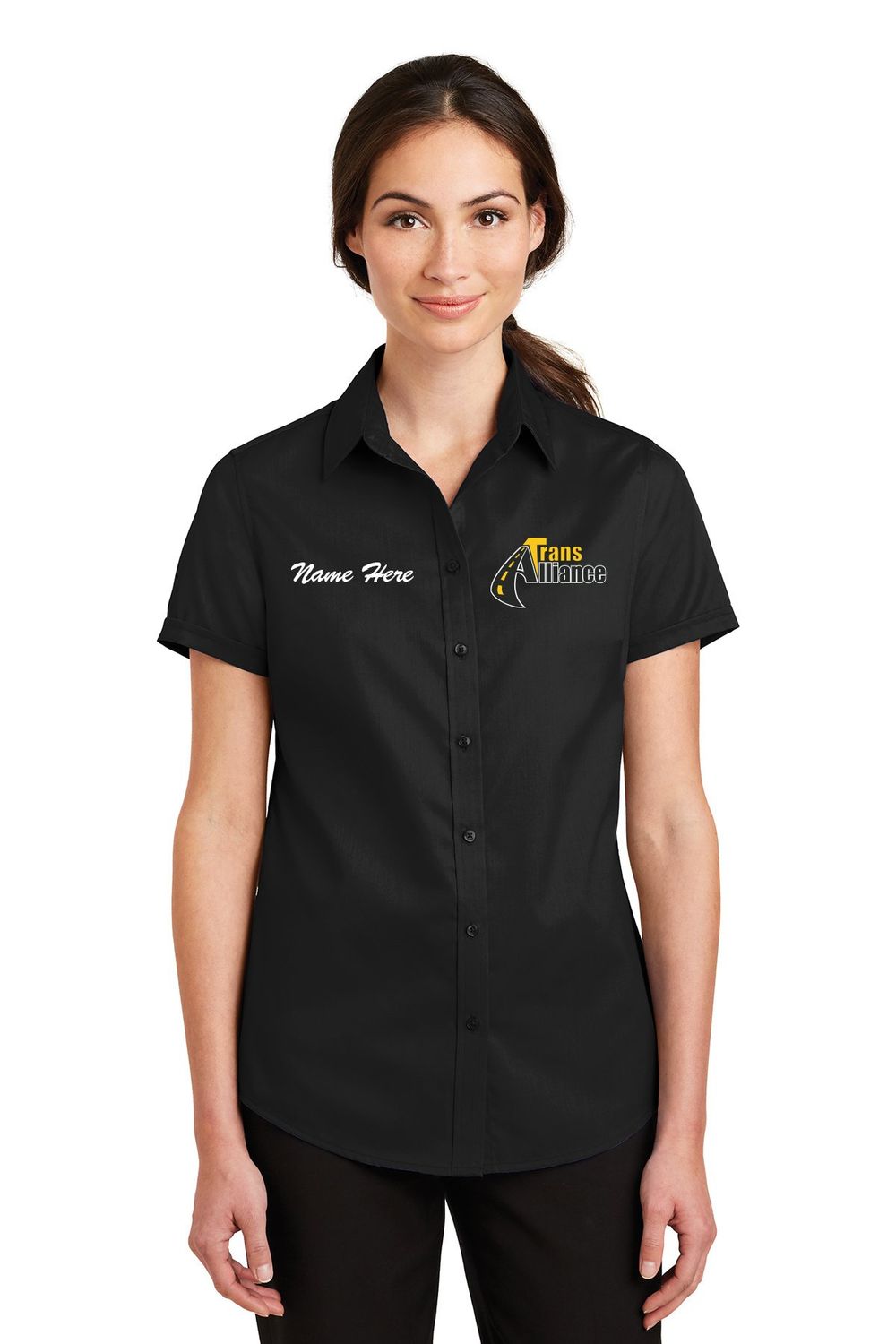 Trans Alliance _LADIES  Short Sleeve Button Down L664, Select Color: Black, Select Size: Small, Customize Item? (IF NO - Leave text area blank, IF YES- see text area below.): YES
