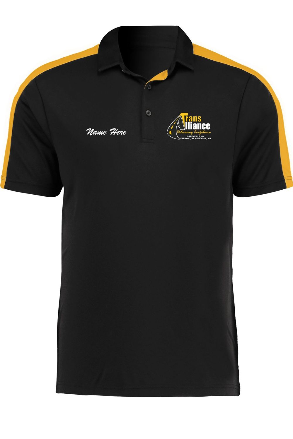 Trans Alliance _Vital Bi-Color Polo 5028, Select Color: Black, Select Size: Small, Customize Item? (IF NO - Leave text area blank, IF YES- see text area below.): YES