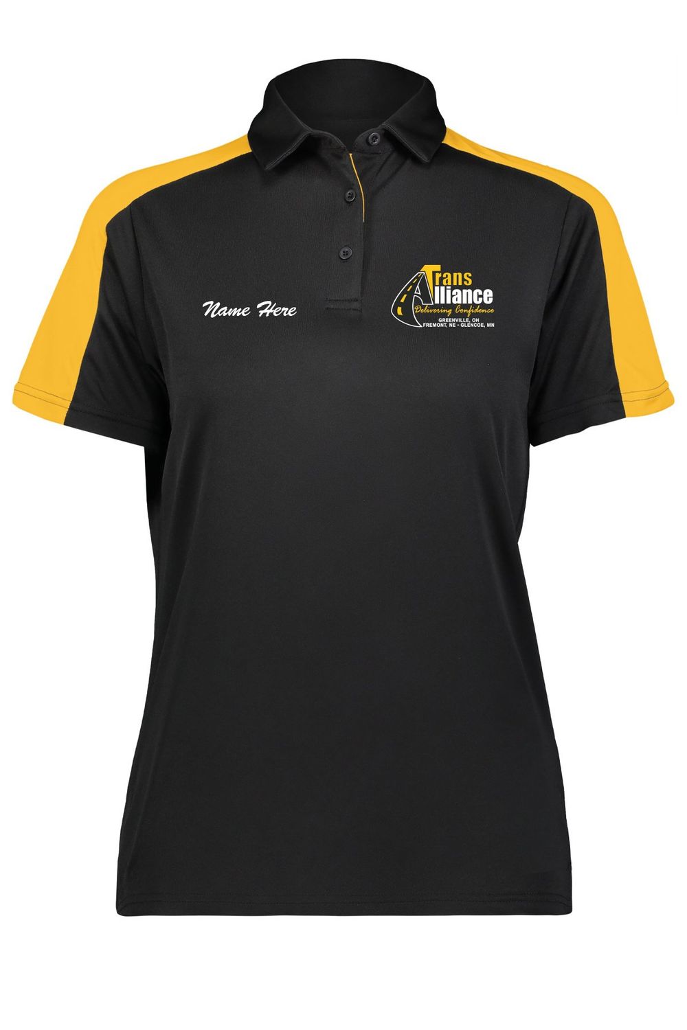 Trans Alliance _LADIES Vital Bi-Color Polo 5029, Select Color: Black, Select Size: Medium, Customize Item? (IF NO - Leave text area blank, IF YES- see text area below.): YES