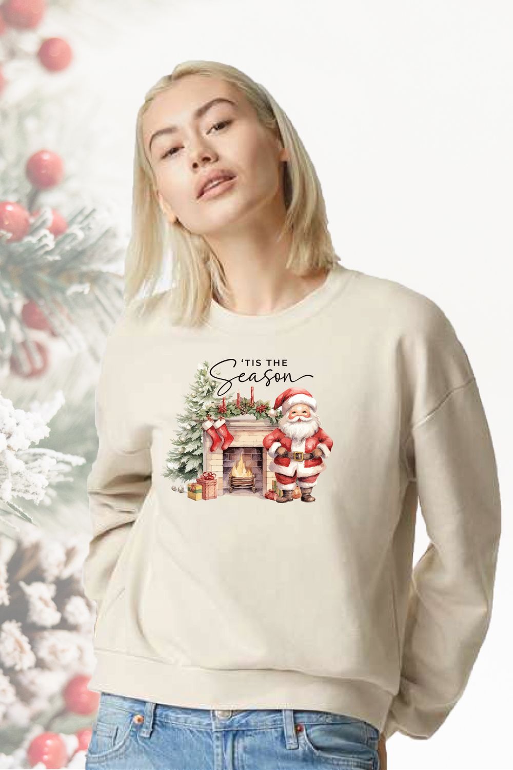Christmas _ American Apparel ReFlex Women&#39;s Fleece Crewneck Sweatshirt - RF494 Santa Fireplace