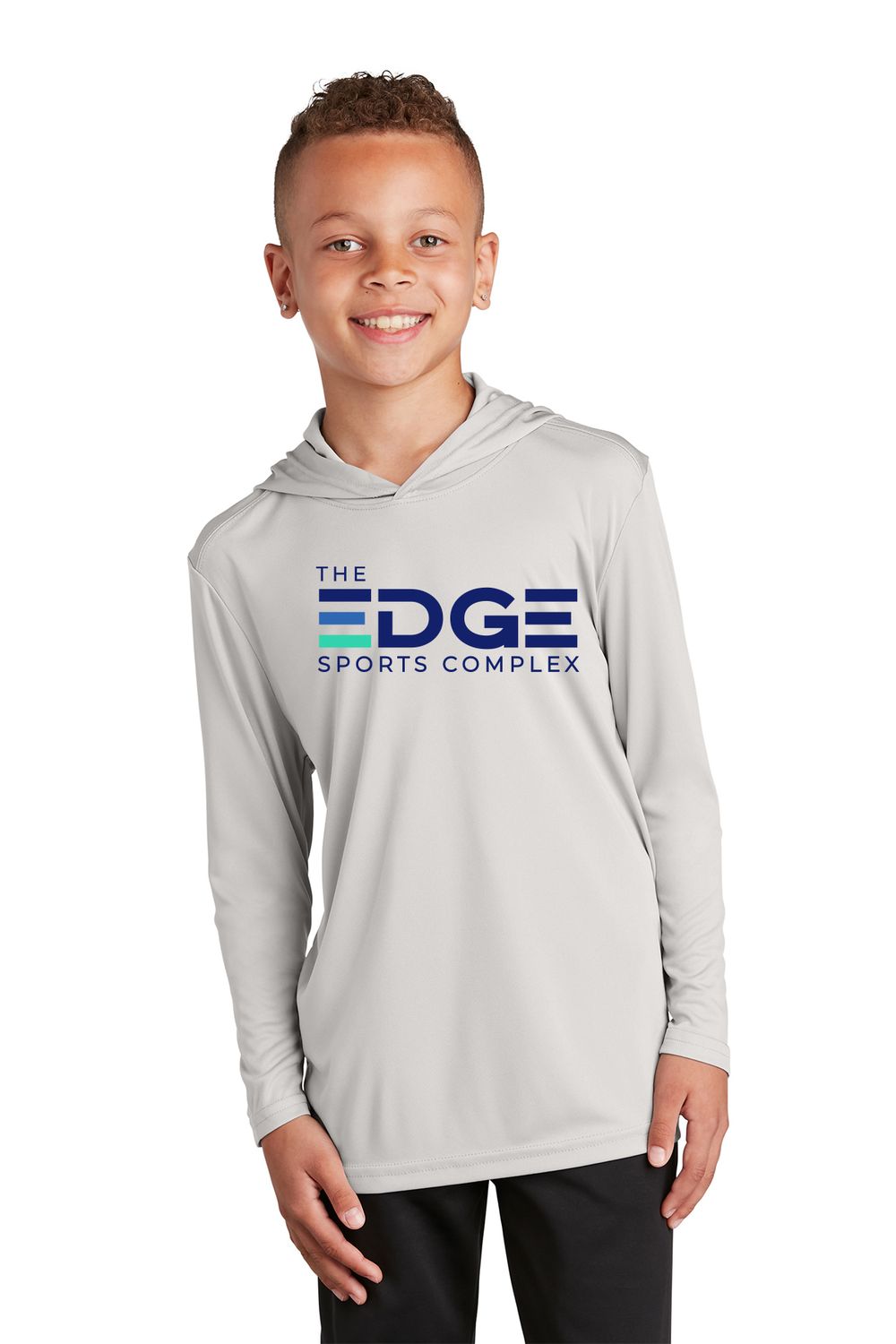 THE EDGE _ YOUTH DRI FIT LONG SLEEVE HOODIE YST358, Color: SILVER _ SPORTS COMPLEX, Size: YOUTH XS