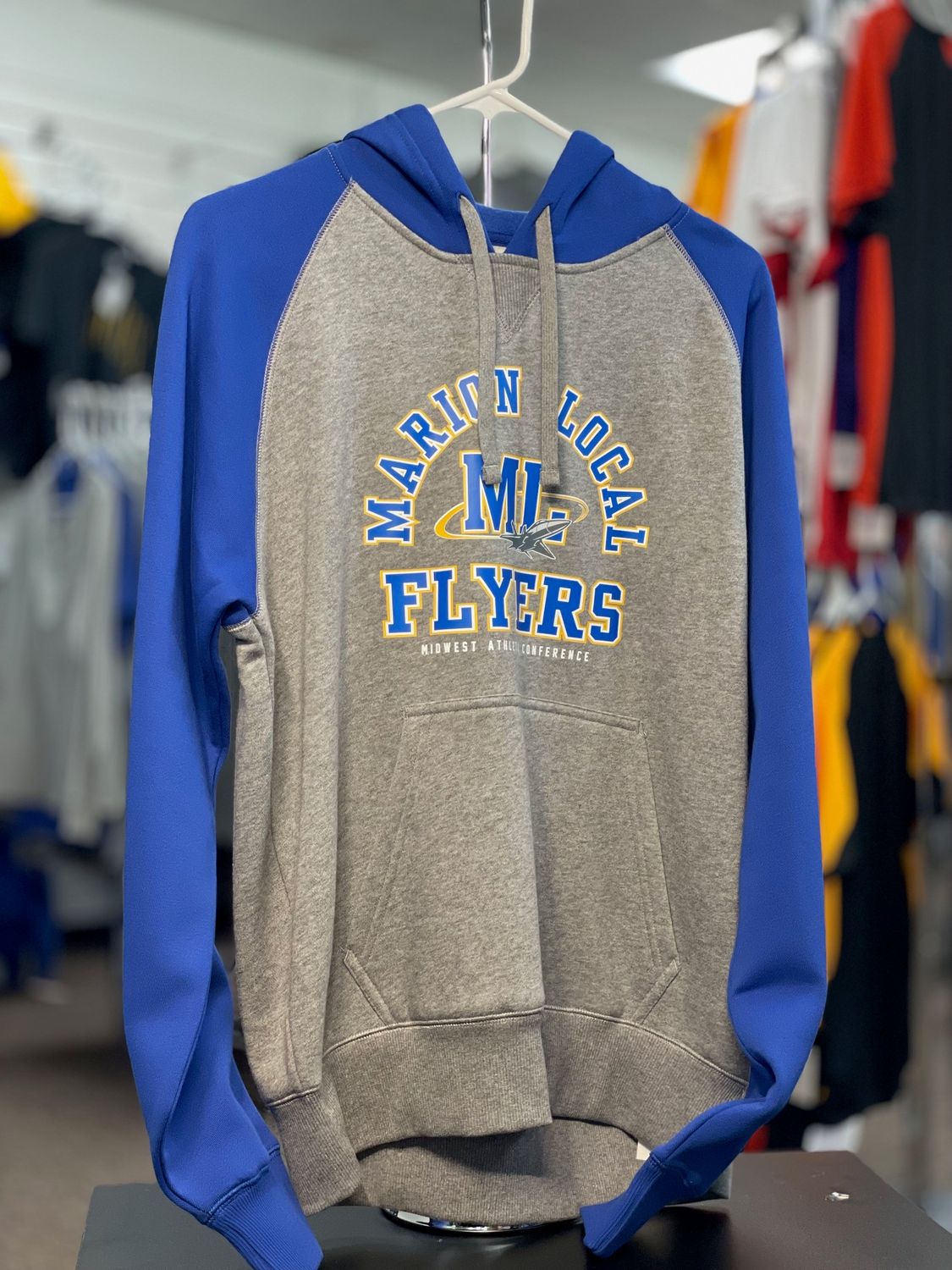 Sport-Tek Raglan Colorblock Pullover Hooded Sweatshirt. ST267 True Royal/ Vintage Heather S