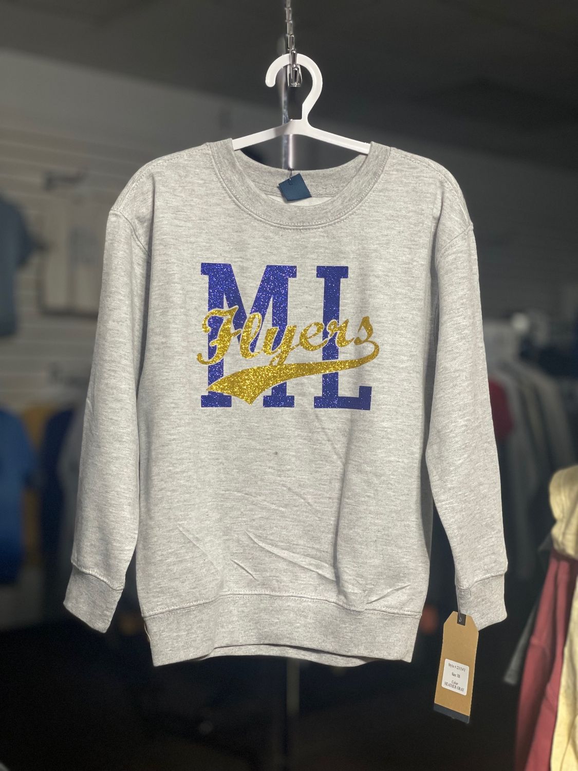  MV Sport Youth Buddy Crewneck Sweatshirt - 23154Y - Heather Grey - ML Glitter ML Tail, Size: YOUTH XS