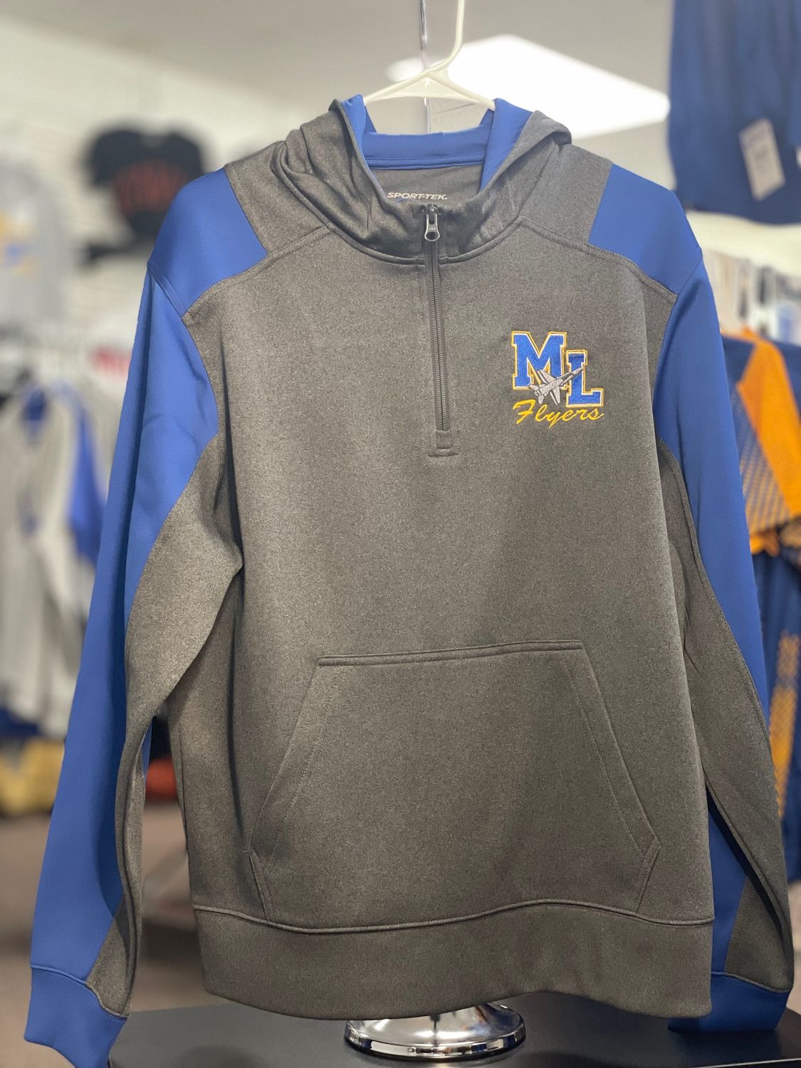 Sport-Tek Tech Fleece Colorblock 1/4-Zip Hooded Sweatshirt. ST249 Graphite Heather/ True Royal M