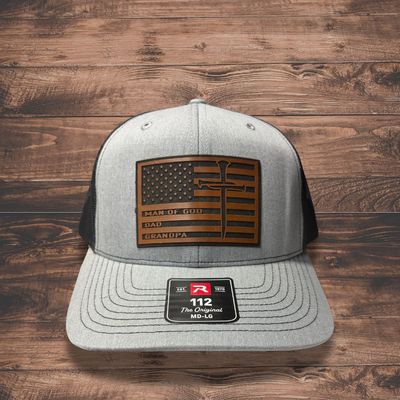 Man of God/Dad/Grandpa Flag/Cross - Snapback Trucker Cap - 112 - Heather Grey/ Black - OSFM