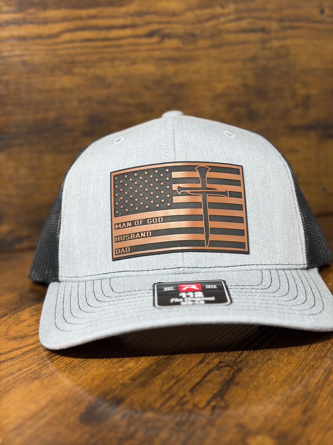 Man of God/Husband/Dad Flag/Cross  - Snapback Trucker Cap - 112 - Heather Grey/ Black - OSFM