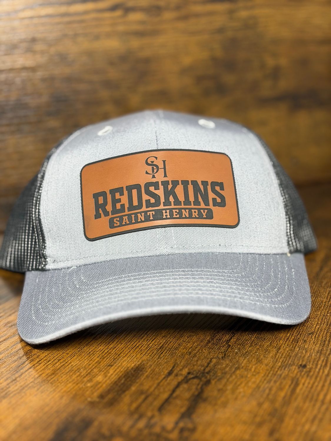 ST HENRY Leather Patch - Port Authority ® Low-Profile Snapback Trucker Cap.  C112LP Heather Grey/ Grey Steel OSFA