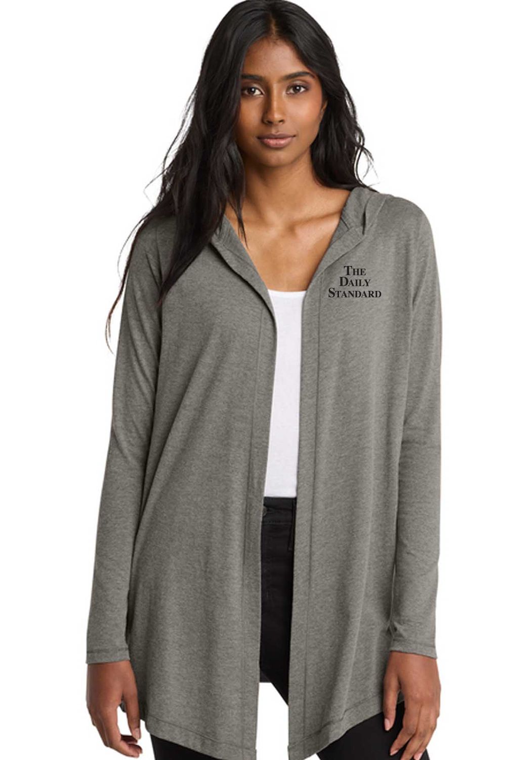 Daily Standard _ District Women's Perfect Tri Hooded Cardigan _ DT156, Size: LADIES SMALL, Color: GREY FROST