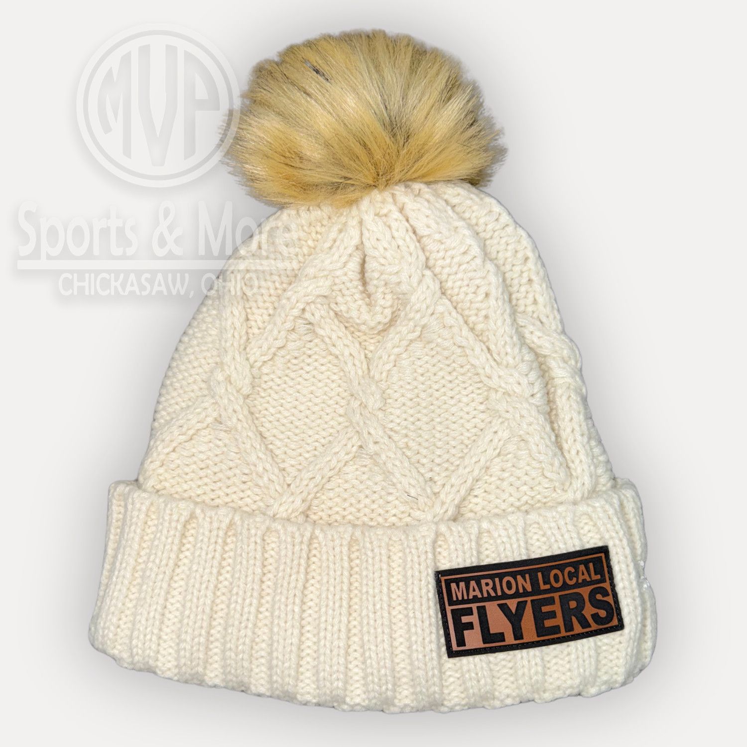 New Era Faux Fur Pom Beanie -NE911- ML PATCH- IVORY, Size: ONE SIZE