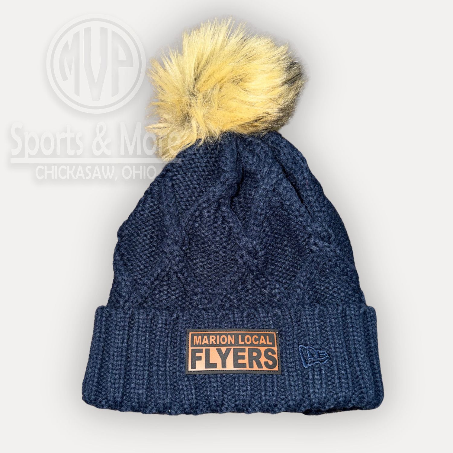 New Era Faux Fur Pom Beanie -NE911- ML PATCH- NAVY, Size: ONE SIZE