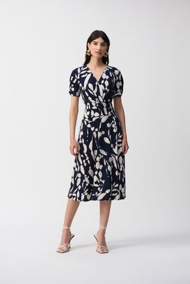 251014 Silky Knit Abstract Print Wrap Dress