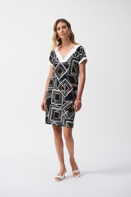 251039 Silky Knit Geometric Puff Print Dress