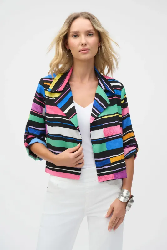 252215 Gauze Stripe Print Short Boxy Blazer