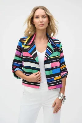 252215 Gauze Stripe Print Short Boxy Blazer