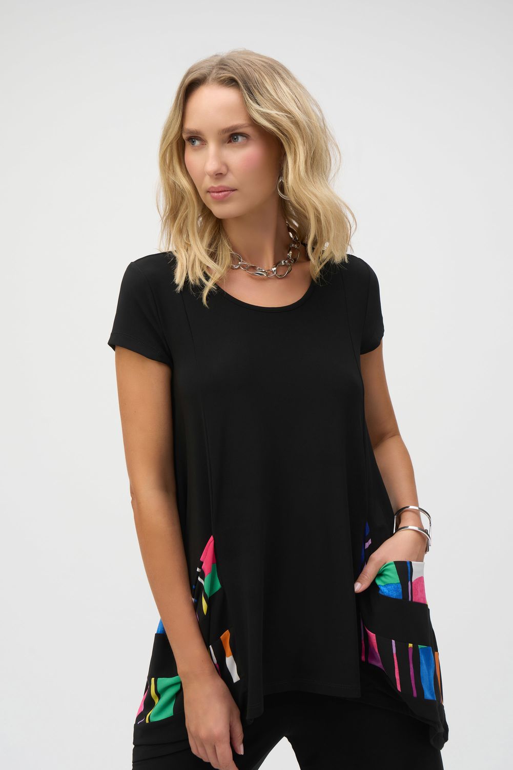 252054 Silky Knit Stripe Print Handkerchief Tunic