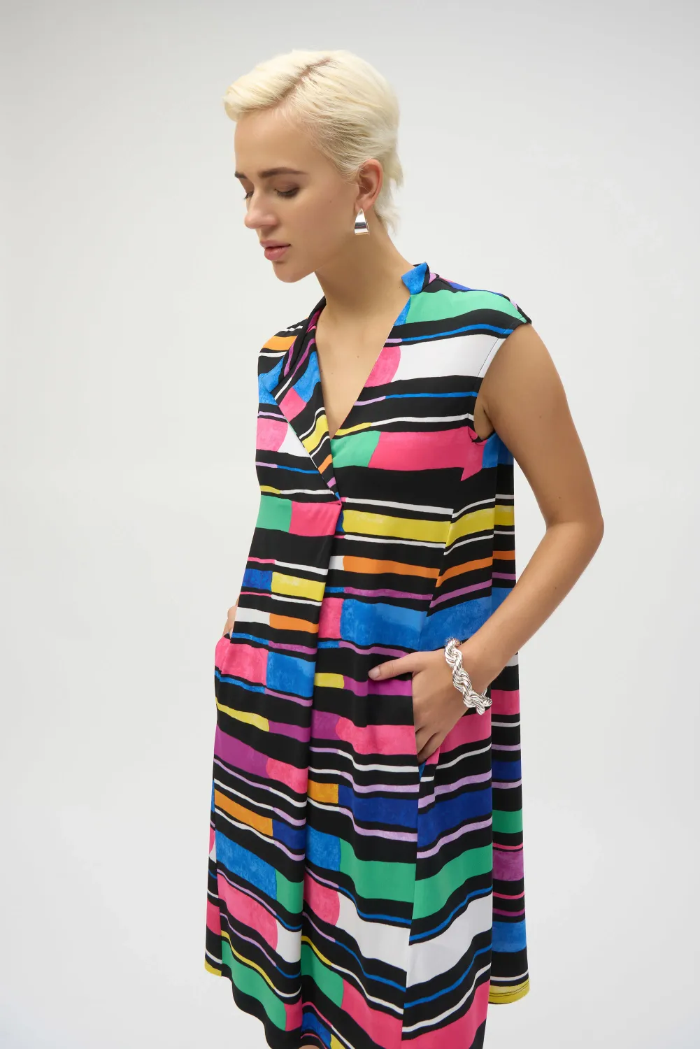 252171 Silky Knit Stripe Print Trapeze Dress