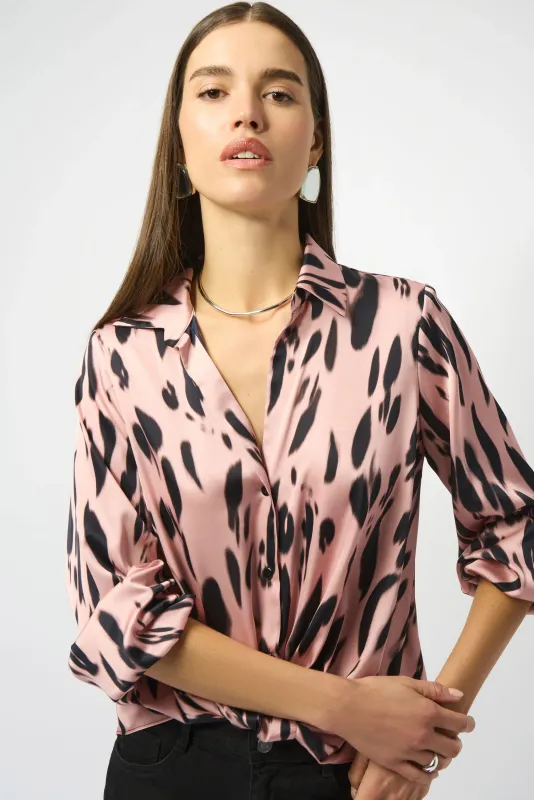 253059 Satin Animal Print Draped Top