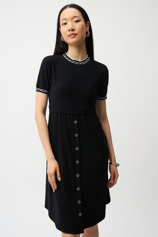 261093 Silky Knit Fit and Flare Dress With Button Front Skirt